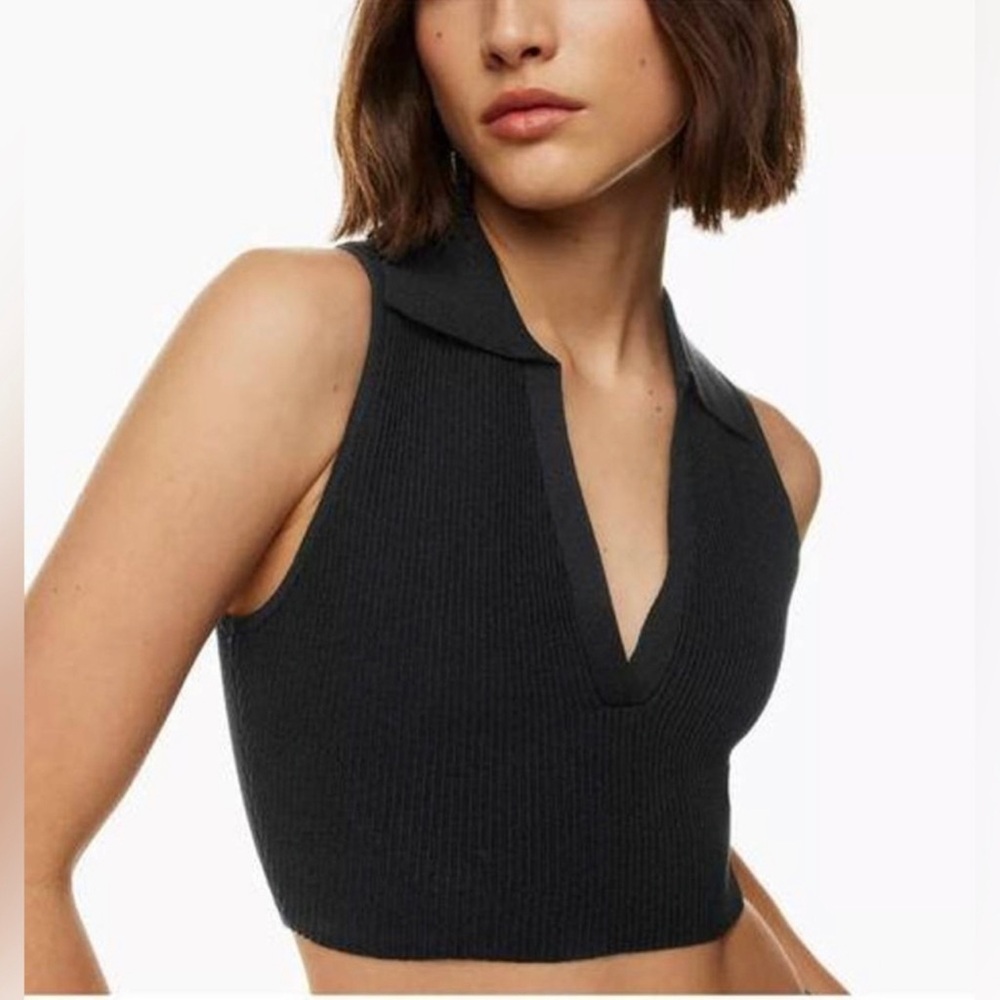 Babaton Black Ribbed V-Neck Polo Crop Top